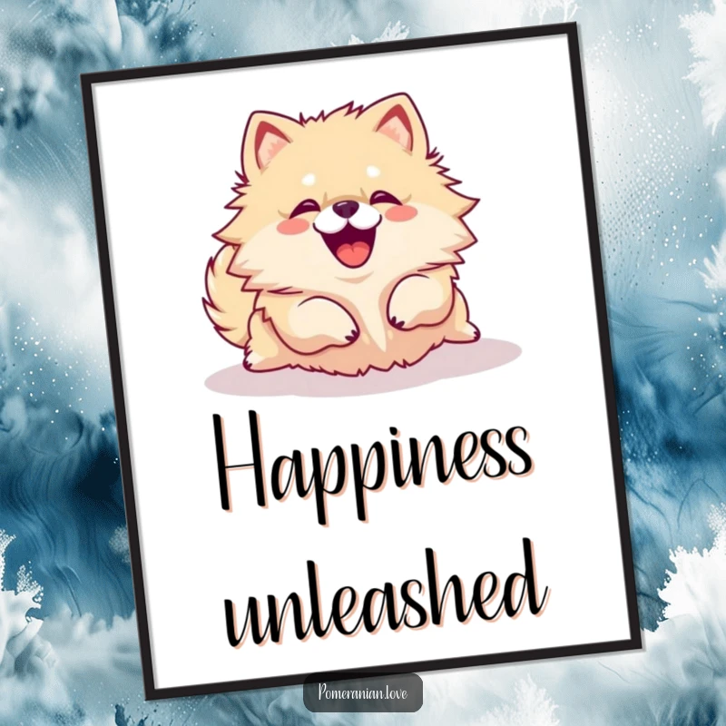 Funny Pomeranian dog rolling over with a joyful yip as a digital art print, ready for instant download.