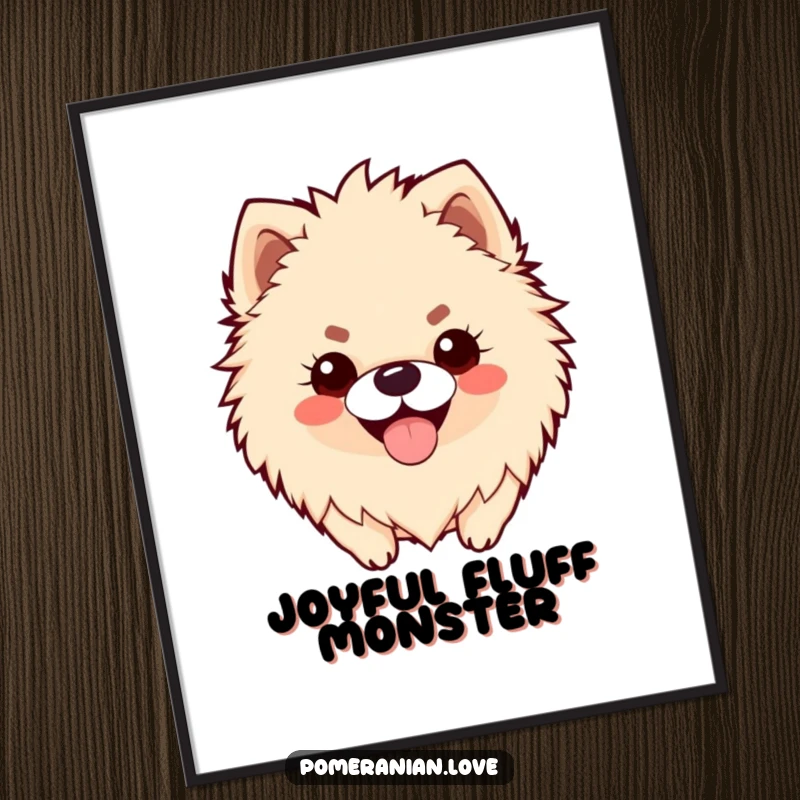 Funny digital art print of a fluffy Pomeranian with a happy panting smile, ready for instant joyful decor.