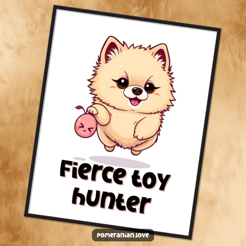 Funny digital art print of a determined Pomeranian leaping for a tiny squeaky toy, bringing instant action and humor.