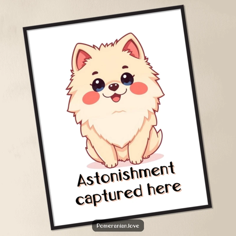 Funny Pomeranian dog with a surprised expression, available as digital art for instant, humorous wall decor.