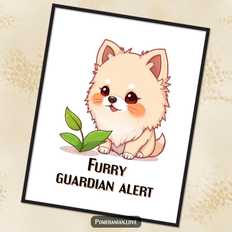 Funny digital art print of a fluffy-eared Pomeranian dog barking playfully at a floating leaf, evoking lighthearted fun.