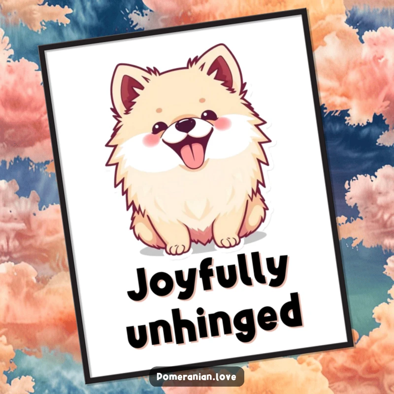 Funny digital art print of a happy Pomeranian dog with its tongue sticking out, radiating infectious joy and personality.
