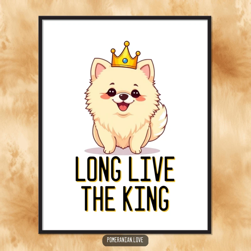 Funny royal Pomeranian digital art print of a crowned dog shaking its fluffy tail with glee.