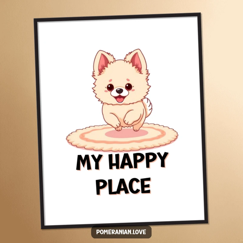 Funny Pomeranian with oversized ears joyfully bouncing on a rug, as a digital art print.