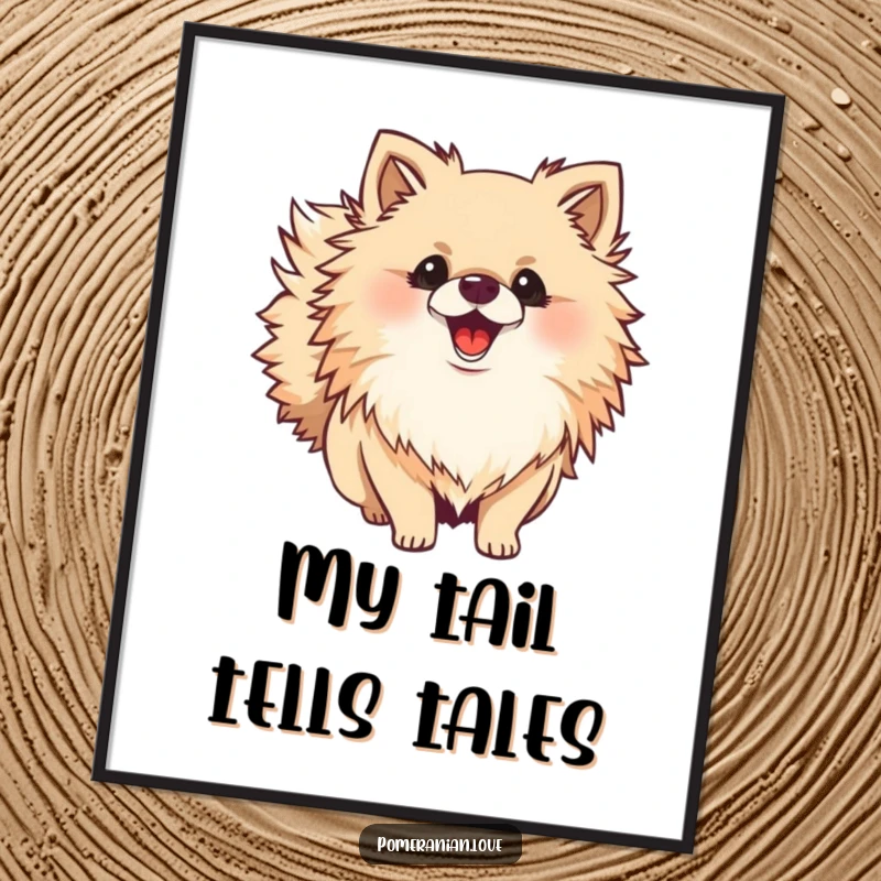 Funny Pomeranian digital art print of a fluffy dog wagging its bushy tail excitedly, perfect for instant, joyful wall decor.