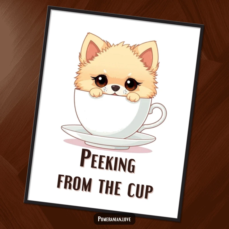 Funny digital art print of a Pomeranian with curious eyes peeking from a teacup, perfect for instant curious decor and whimsical charm.