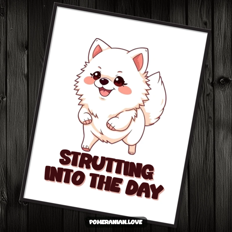Funny Pomeranian digital art print, capturing a smiling dog confidently trotting with its tail held high, embodying pure joy and self-assurance.
