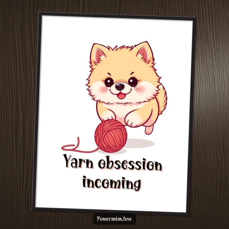 Funny Pomeranian digital art print showing a cute dog with a focused expression, energetically chasing a rolled ball of yarn. Instant decor.