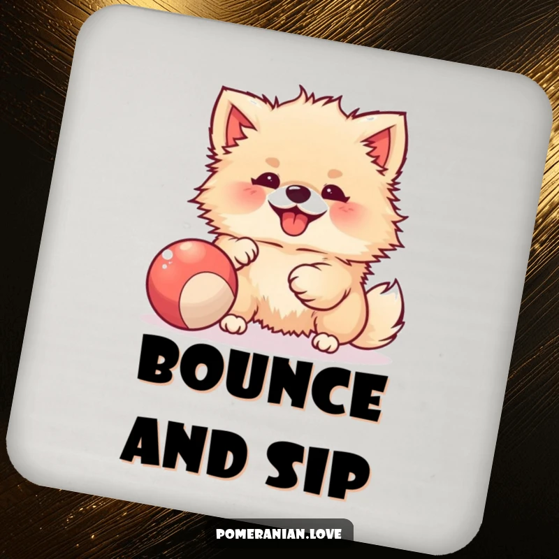 Funny drink coaster featuring a joyful Pomeranian playing with a bouncy ball, adding playful flair and protection.