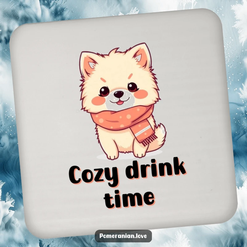 Funny Pomeranian cozy scarf drink coaster, a content dog wearing a tiny scarf, adding humor and warmth.