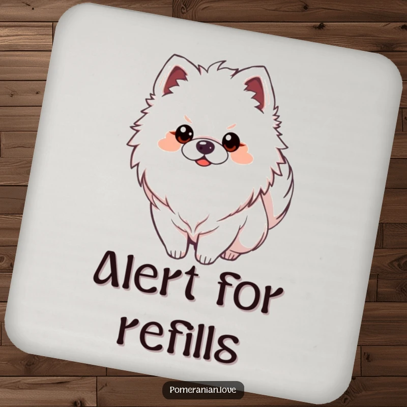 Funny Pomeranian dog with tail curled alertly, looking watchful, designed as a protective and humorous drink coaster.