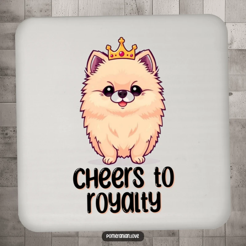Funny drink coaster featuring a proud Pomeranian wearing a tiny crown, protecting surfaces with regal elegance.