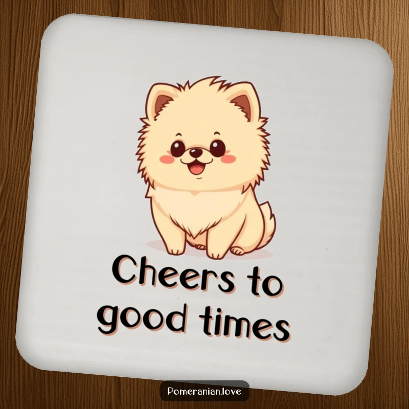 Funny happy Pomeranian coaster set, fluffy mane, smiling dog, drink accessory, humorous home decor.