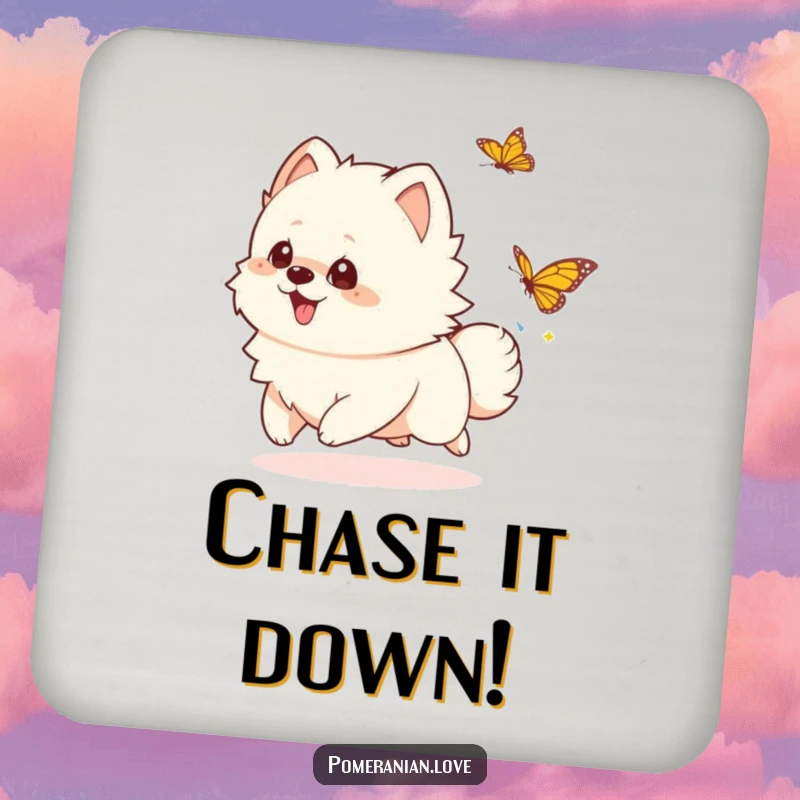 Funny playful Pomeranian coasters, a set showcasing a dog joyfully chasing a butterfly, perfect funny gift.