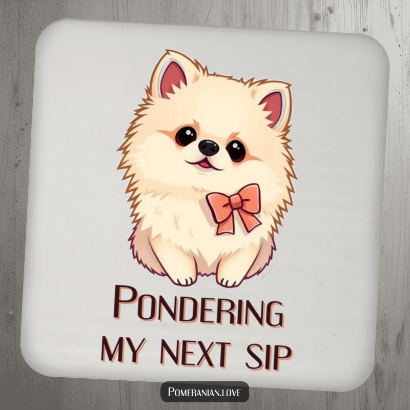 Funny Pomeranian drink coasters showing a dog in a small bow tilting its head curiously, adding a touch of whimsical elegance.