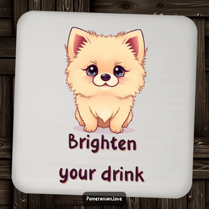 Funny drink coaster with a Pomeranian dog looking up with bright eyes, protecting surfaces with sweetness.