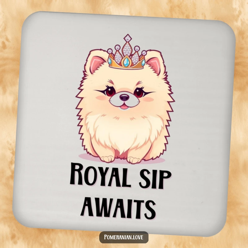 Funny Pomeranian Coaster: A decorative coaster featuring a fluffy Pomeranian wearing a sparkly tiara, protecting surfaces with royal charm.