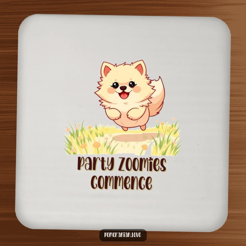 Funny Pomeranian coasters featuring a dog's energetic leap in a field, adding humor and protection to any surface.