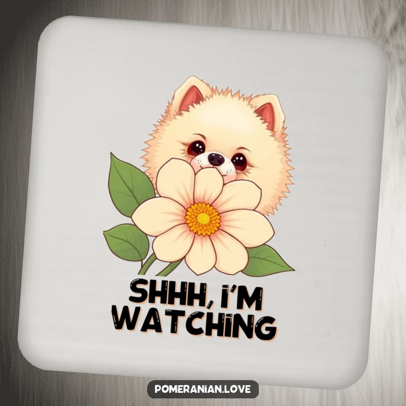 Funny Pomeranian dog peeking curiously from behind a large flower, on a protective drink coaster.