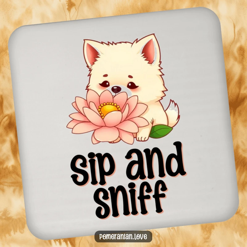 Funny drink coaster featuring a curious Pomeranian sniffing a giant flower, adding a touch of nature and humor.