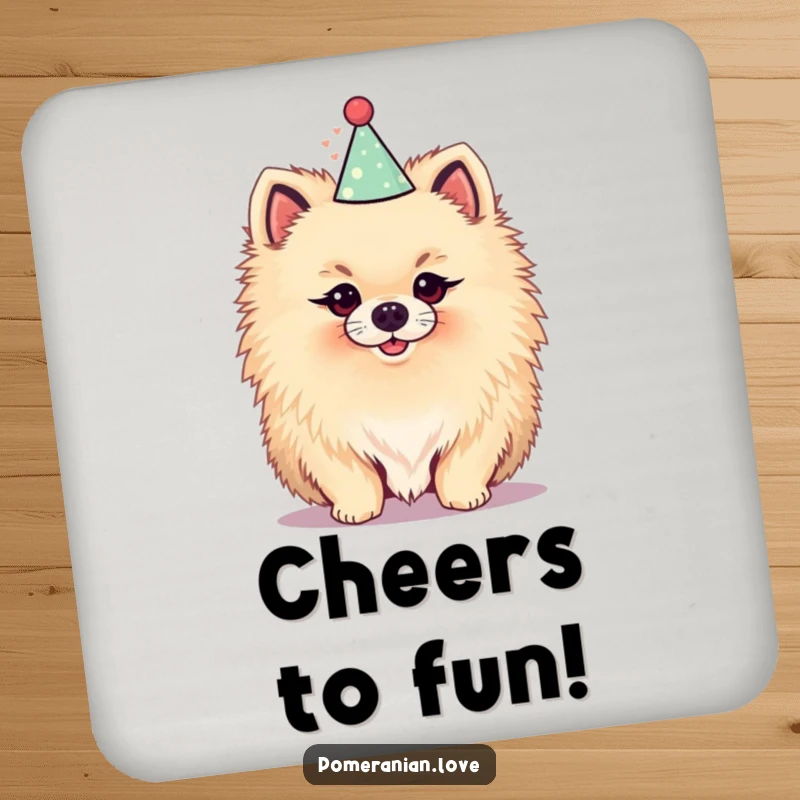 Funny drink coaster with a fluffy Pomeranian wearing a party hat, adding a festive and humorous touch to tabletops while protecting them.