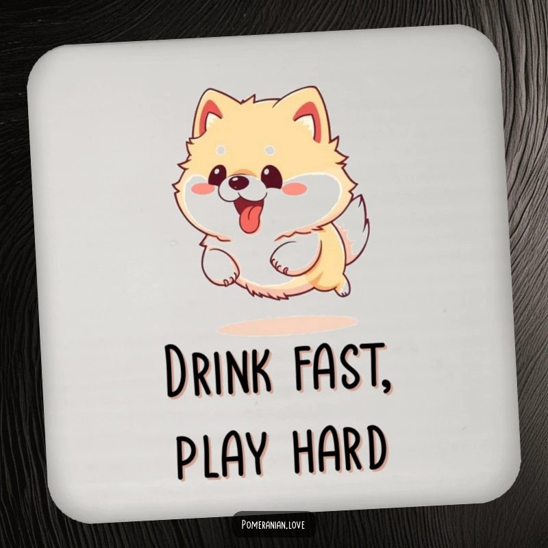 Funny Pomeranian dog running with tongue out, designed as a protective and humorous drink coaster.