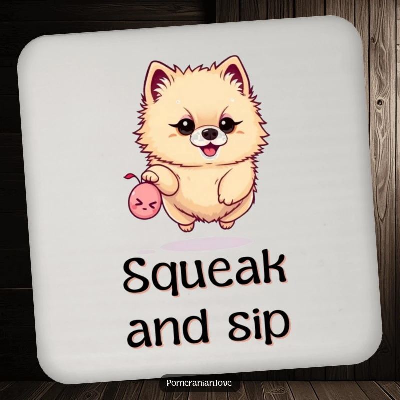 Funny drink coaster featuring a determined Pomeranian leaping for a tiny squeaky toy, adding playful flair.