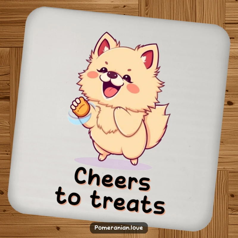 Funny drink coaster with an excited Pomeranian dog jumping for a treat, protecting surfaces with cheer.