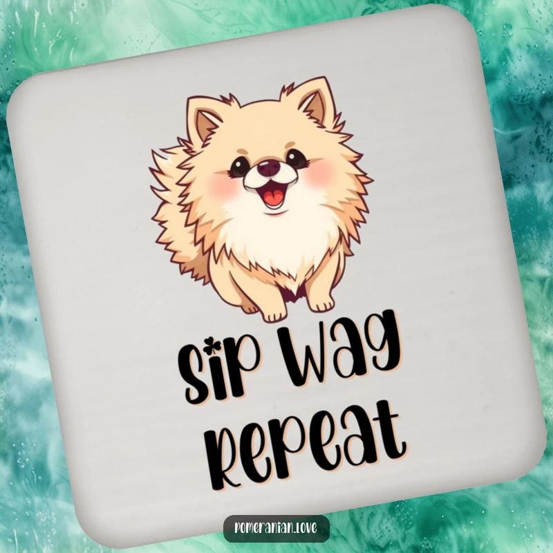 Funny Pomeranian drink coasters showing a fluffy dog with a bushy tail wagging, adding a humorous touch to any drink setup.