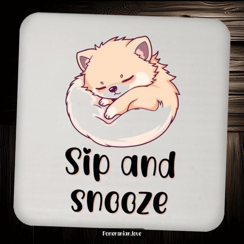 Funny Pomeranian drink coaster showing a dog sleeping peacefully, adding a touch of calm and protection to surfaces.