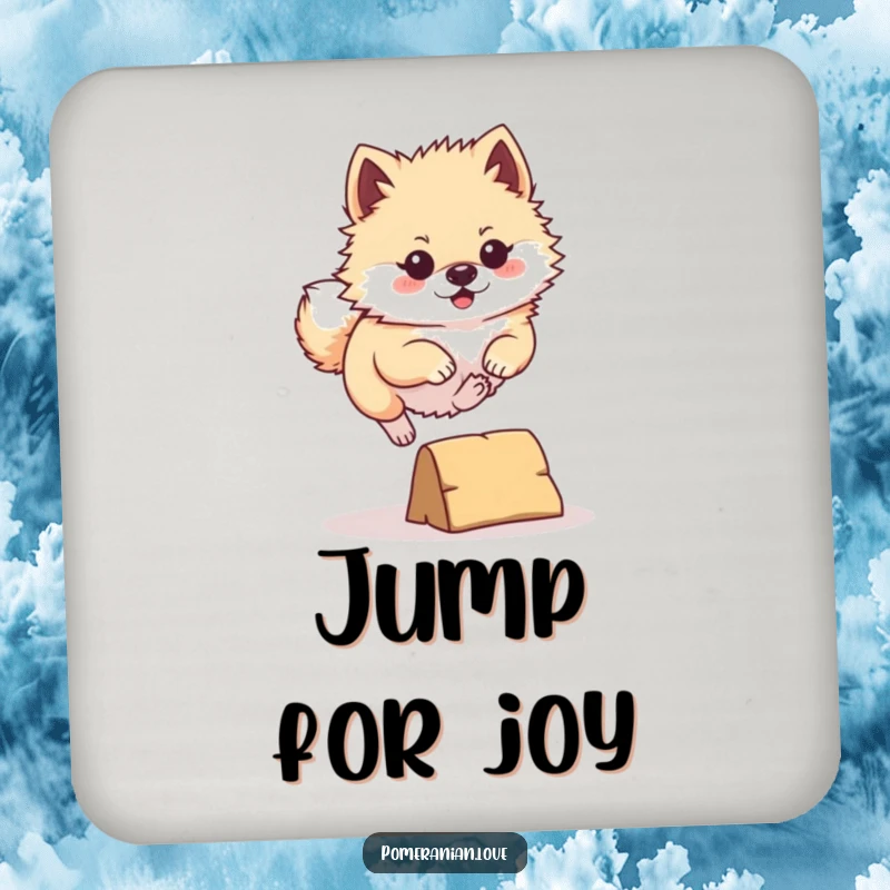 Funny Pomeranian Coaster: A determined Pomeranian leaping over a tiny obstacle, adding a touch of canine energy and surface protection.