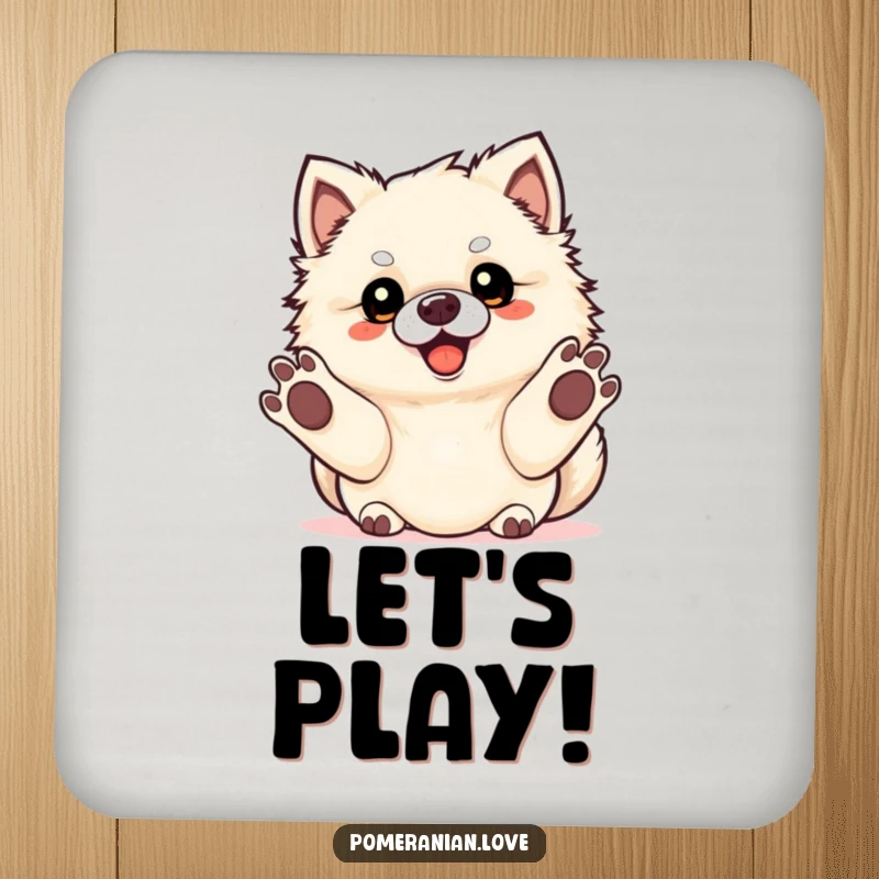 Funny Pomeranian dog with eager paws ready for fetch, featured on a protective drink coaster.