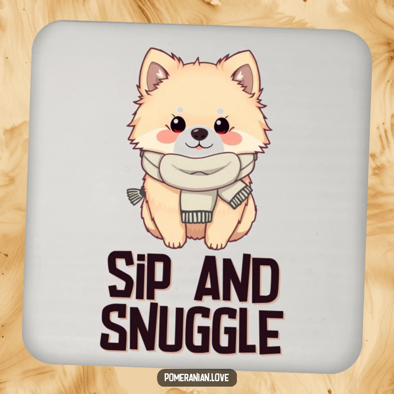 Funny Pomeranian dog wearing a scarf, looking cozy, designed as a protective and humorous drink coaster.