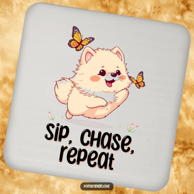 Funny drink coaster displaying a playful Pomeranian dog chasing a butterfly, adding a touch of canine cheer.