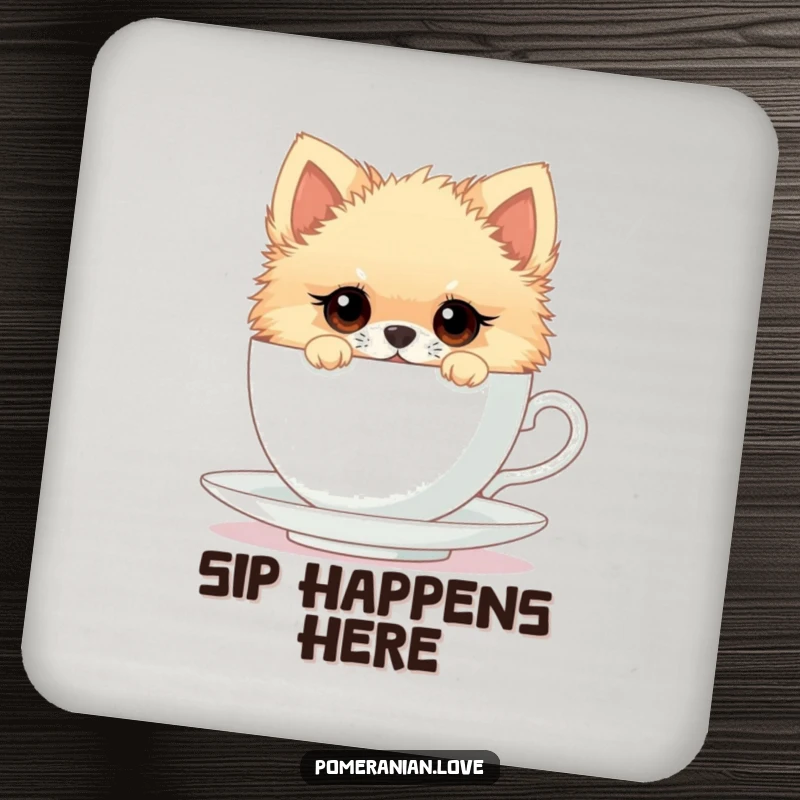 Funny drink coaster with a Pomeranian peeking from a teacup, adding a curious and humorous touch to tabletops while protecting them.