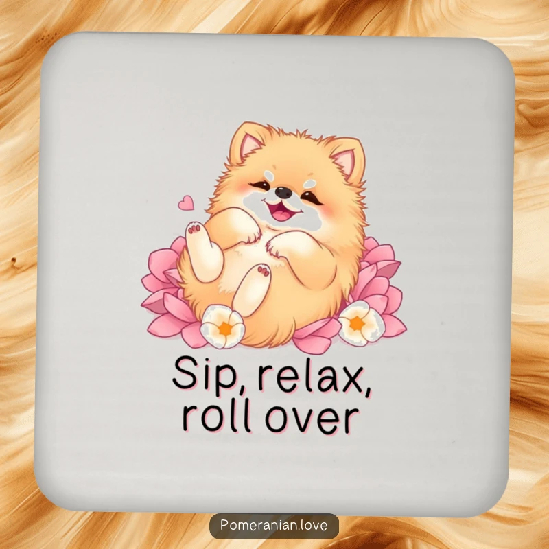 Funny Pomeranian coaster, illustrating a dog's complete happiness as it rolls on its back in a soft environment of abundant flower petals.