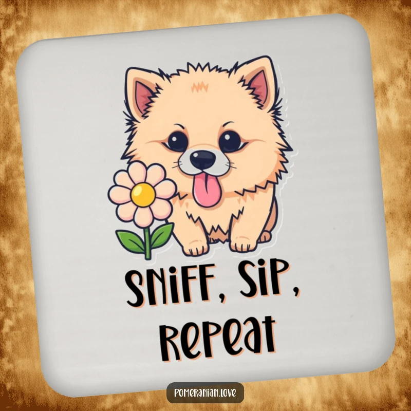 Funny Pomeranian coasters, a curious dog sniffing a flower, protective and humorous table accessory.