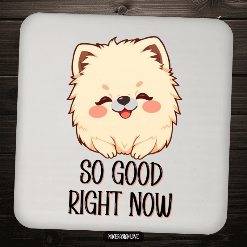 Funny Pomeranian drink coaster featuring a happy dog enjoying a satisfying head scratch, protecting surfaces.