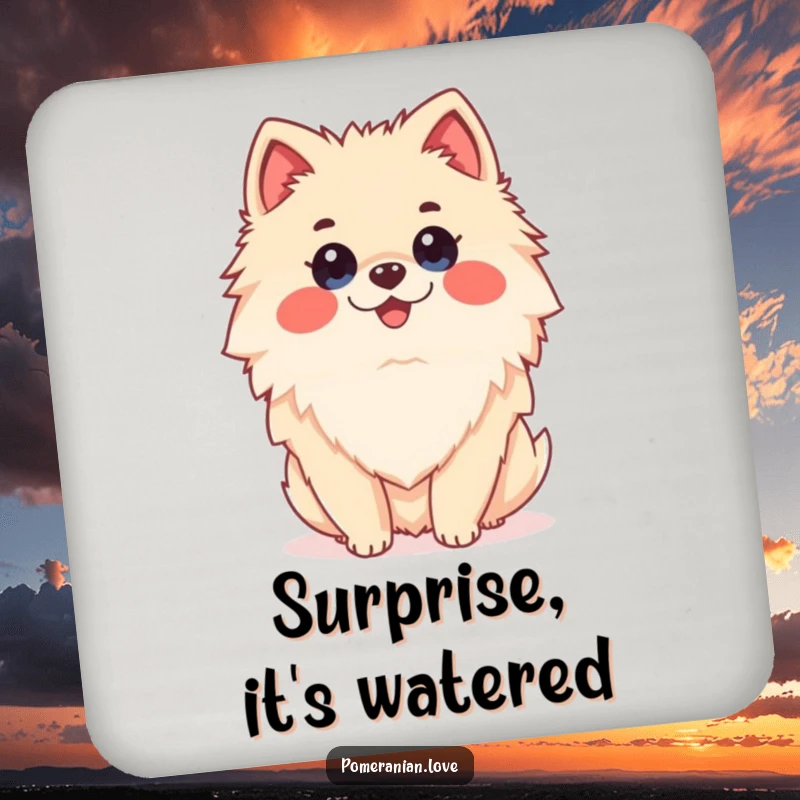 Funny Pomeranian dog with a surprised expression, designed as a protective and humorous drink coaster.