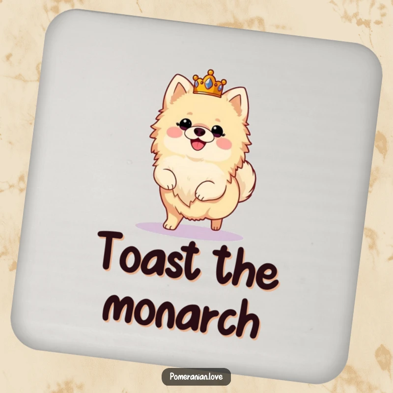 Funny drink coasters featuring a fluffy Pomeranian wearing a crown and prancing joyfully, adding regal humor and protection.
