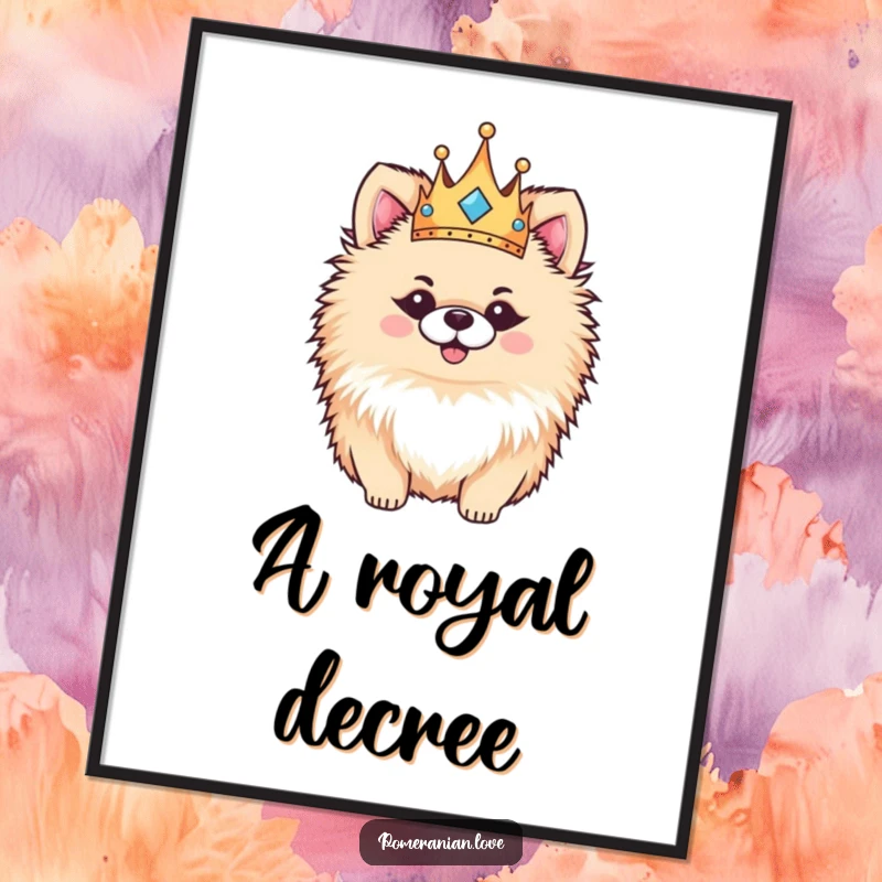 Funny Pomeranian poster, a fluffy dog adorned with a tiny crown, looking regal and blissfully happy, perfect wall art.
