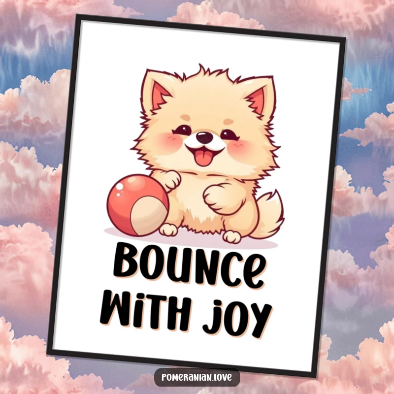 Funny poster of a joyful Pomeranian happily playing with a bouncy ball, bringing smiles to any room.