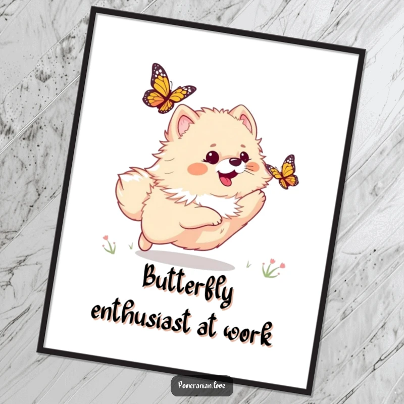 Funny poster showcasing a playful Pomeranian dog joyfully chasing a butterfly against a bright, scenic background.