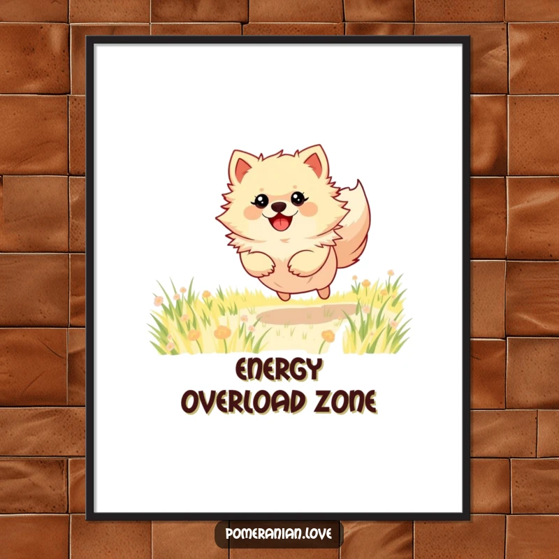 Funny Pomeranian poster capturing a dog leaping with pure energy across a sunlit field, embodying playful freedom and joy.