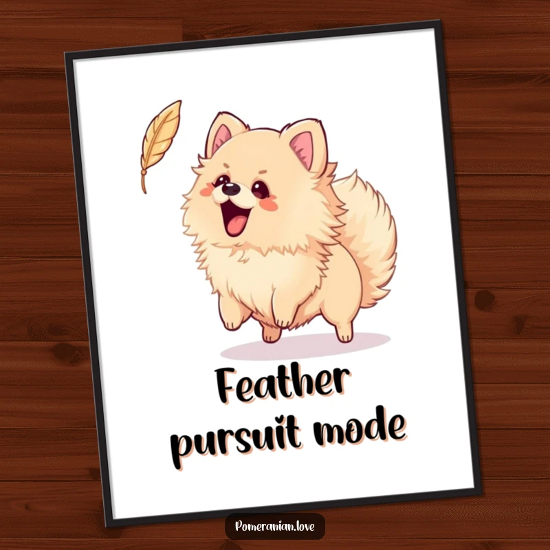 Funny poster print of an energetic Pomeranian wagging its tail, playfully trying to catch a falling feather, capturing a moment of pure fun.