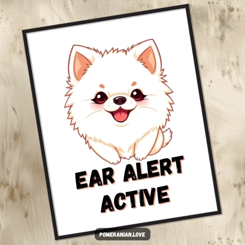 Funny Pomeranian poster of a dog with perky ears barking playfully, capturing energetic and happy vocalizations.