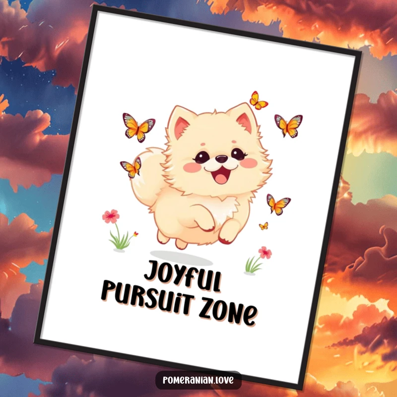 Funny Pomeranian poster of a dog joyfully chasing butterflies, symbolizing delight and carefree happiness.