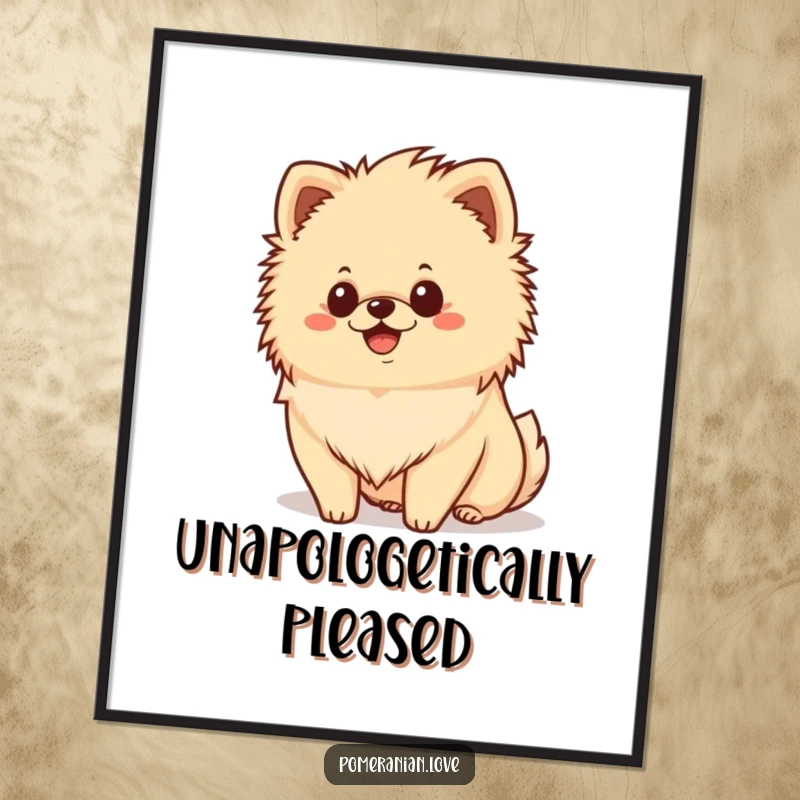 Funny happy Pomeranian poster, fluffy mane, smiling dog, wall art, cheerful decor.