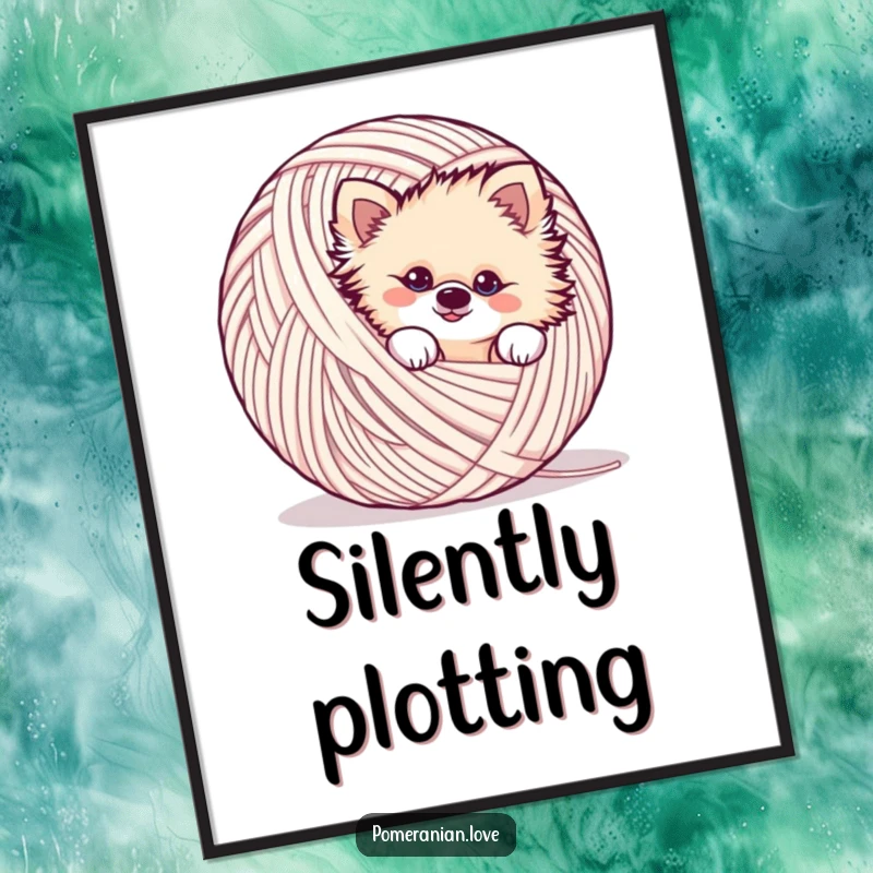 Funny mischievous Pomeranian poster, peeking from yarn, playful, sneaky, wall art.