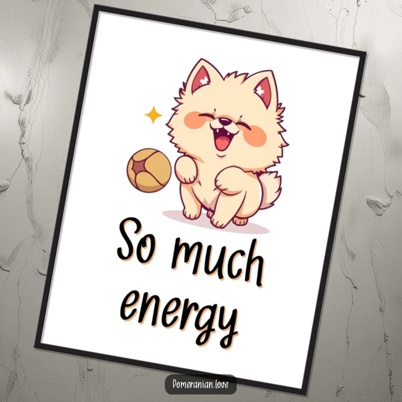 Funny Pomeranian dog character in a frenzy of barking at a bouncing ball, embodying playful energy in this art print.